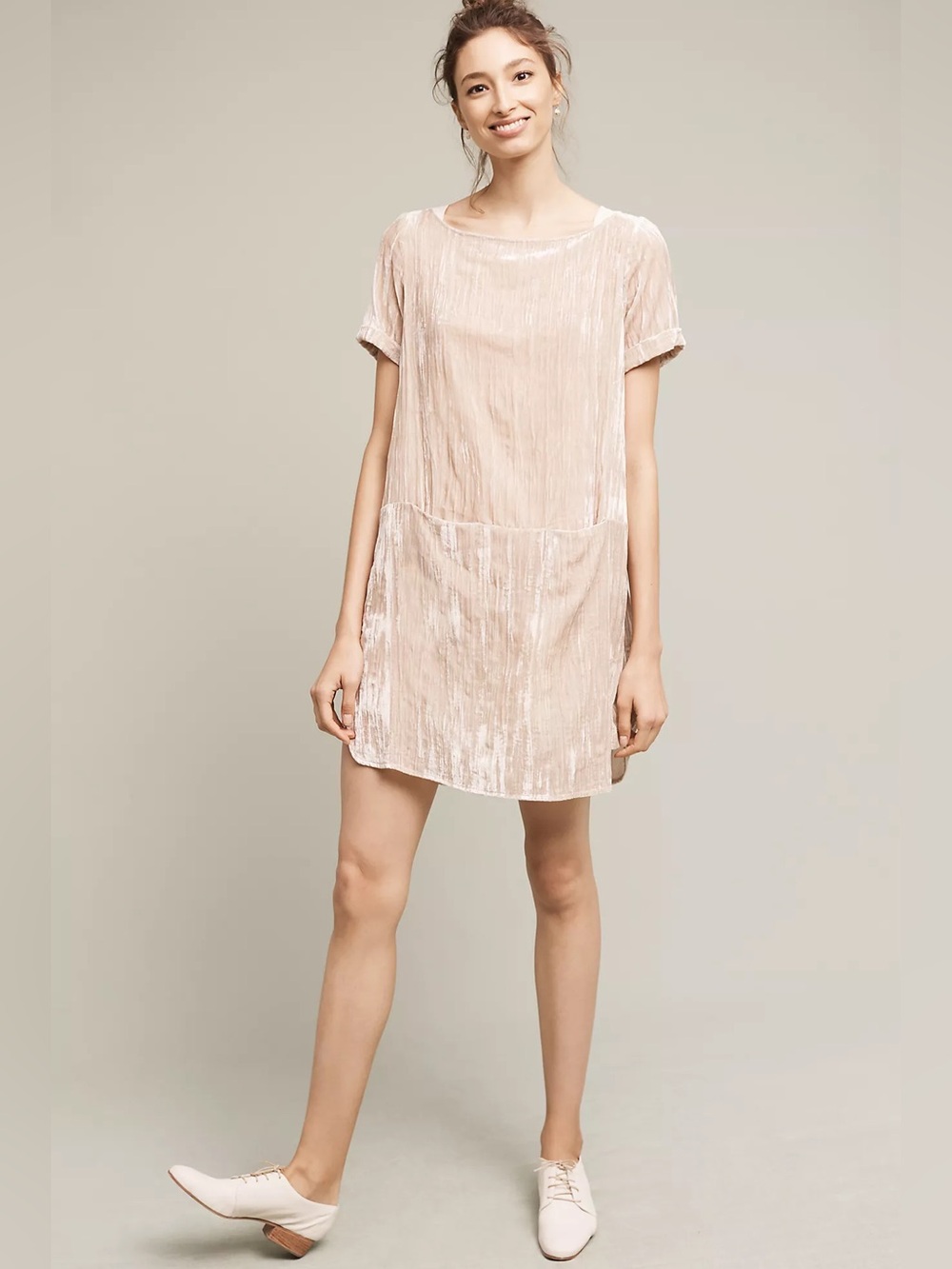 Anthropologie Floreat Champagne Crushed Velvet Shift Dress XS Luxe Romantic